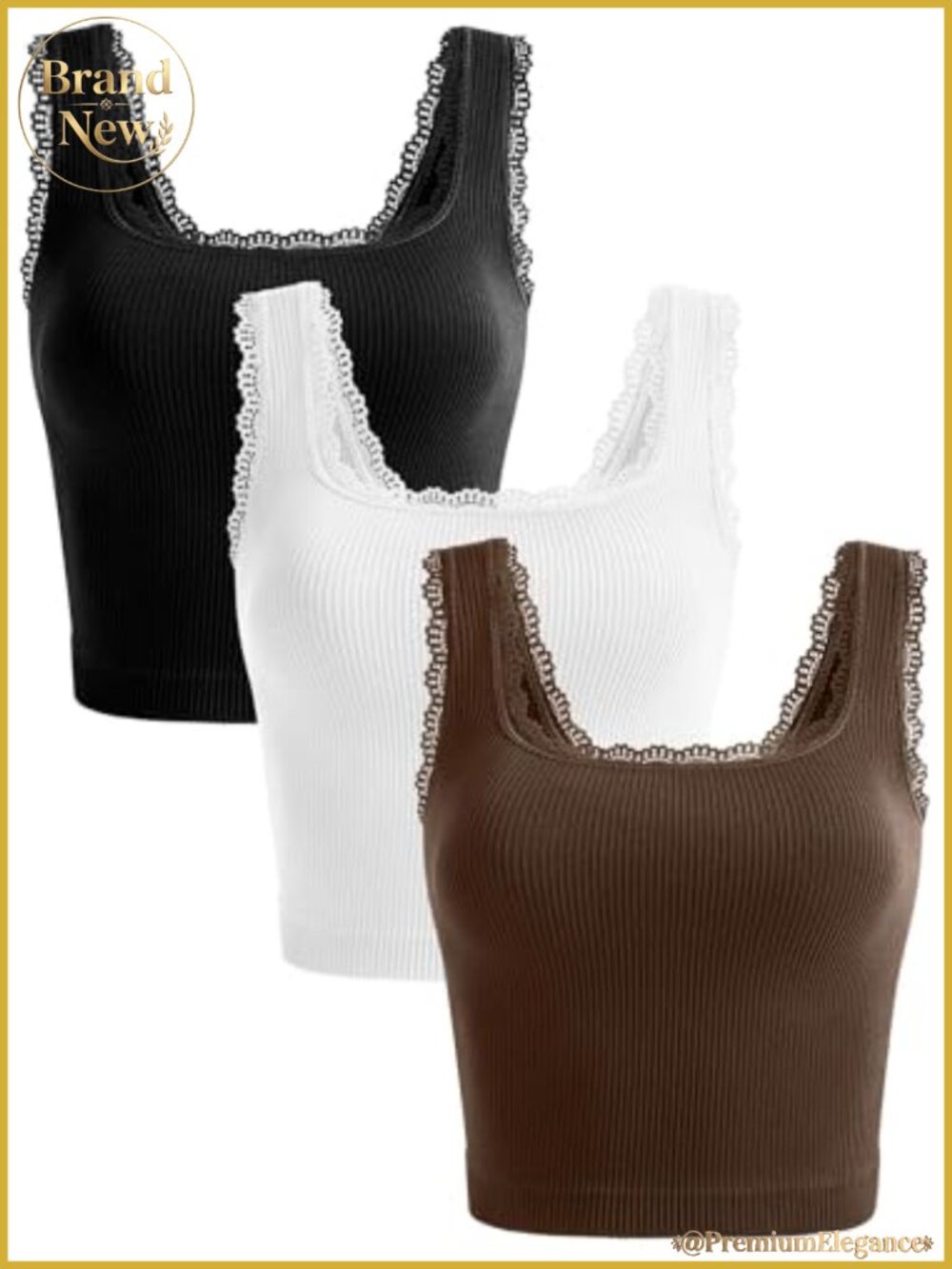 3 Pack Crop Tank Tops Square Neck Lace Trim Ribbed Cami Sleeveless